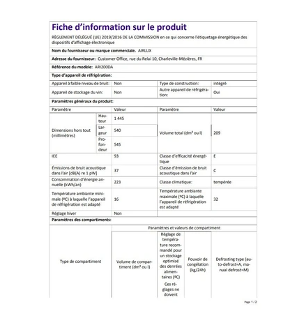 Réfrigérateur congélateur en haut Airlux ARI200DA - Encastrable - 145 cm