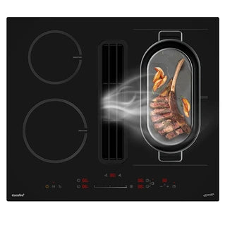 Plaque de cuisson avec hotte intégrée Comfee Table de cuisson à induction aspirante 60 cm 4 foyers + hotte intégrée 638m³/h avec kit évacuation plinthe, 7400W, A++