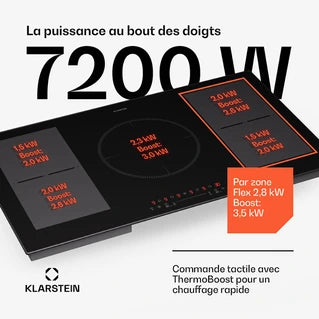Plaque induction KLARSTEIN Plaque Induction 90 cm 7000W Plaque de Cuisson Hybride à Induction 4 feux ThermoBoost Noir