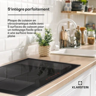 Plaque induction KLARSTEIN Plaque Induction 90 cm 7000W Plaque de Cuisson Hybride à Induction 4 feux ThermoBoost Noir