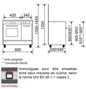 Gazinière Glem cuisinière piano de cuisson 4 foyers brûleurs gaz blanc 80x50cm
