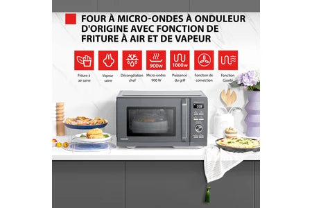 Micro-ondes combiné Toshiba Micro-ondes combiné pose libre - 900W+Grill 1000 W+Convection 2100W - Friteuse - Air Fry Combo 7-en-1 - 26L - Gris morandi